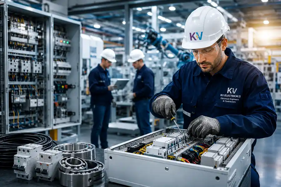 Electrical engineer inspecting industrial control panel